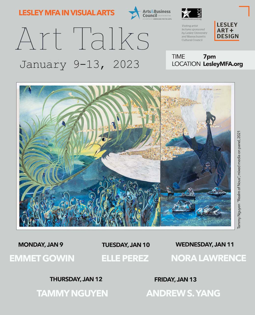 A poster for the Art Talks Series with a gray background and a piece of art with a bird and plants.
