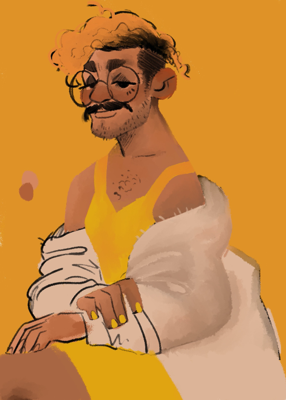 Self portrait of Julio Guity with a shirt draped around his arms, yellow hair, a yellow dress, and yellow background.