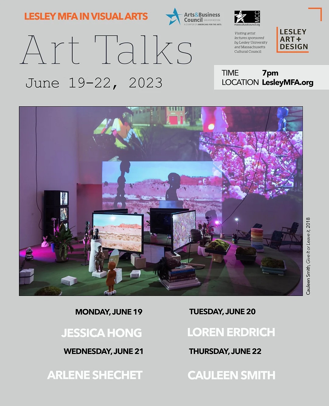 Poster for the Art Talks with a large photo of a display of projected purple images and computer screens in the middle. 