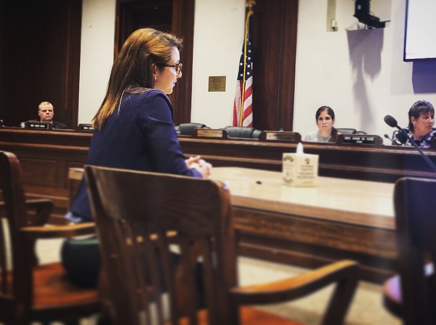 Katya Zinn, seen in profile, address Massachusetts lawmakers