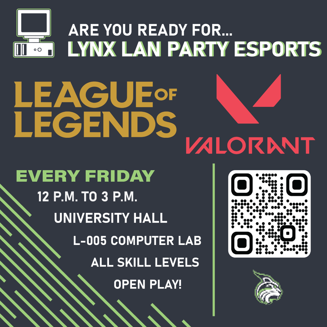 Lynx Lan Party Esports Poster; black background with the League of Legends game logo and the valorant game logo.