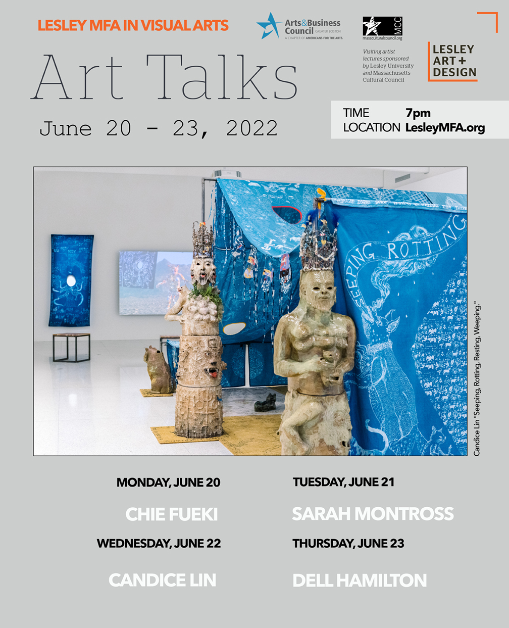 A flyer for the 2022 Lesley MFA Art Talks Series. 