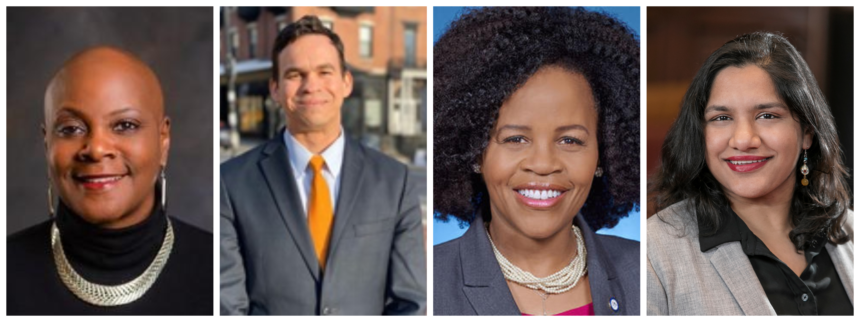 Four headshots in a horizontal collage: Cheryl Clyburn Crawford, Danillo Sena, Kim Janey, Sumbul Siddiqui 