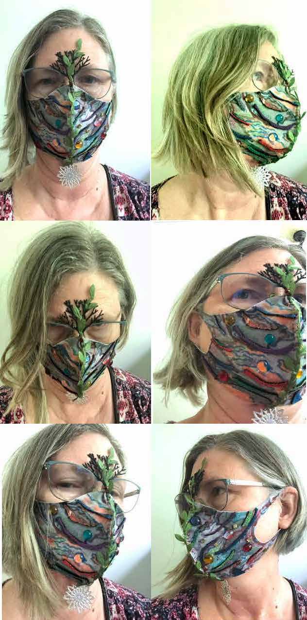 Six distinct views of Denise Malis wearing a COVID-19 face mask she created featuring batik like fabric with bright line work, shiny gem like stones, and down the center stitch a green plant grows up the bridge of the nose between Denise's eyeglasses. 
