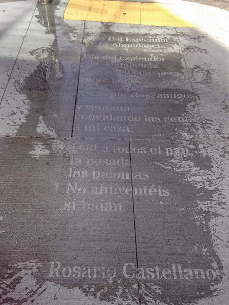 A poem in Spanish by Rosario Catellano appears outside of the Mexican Consulate after getting wet. 