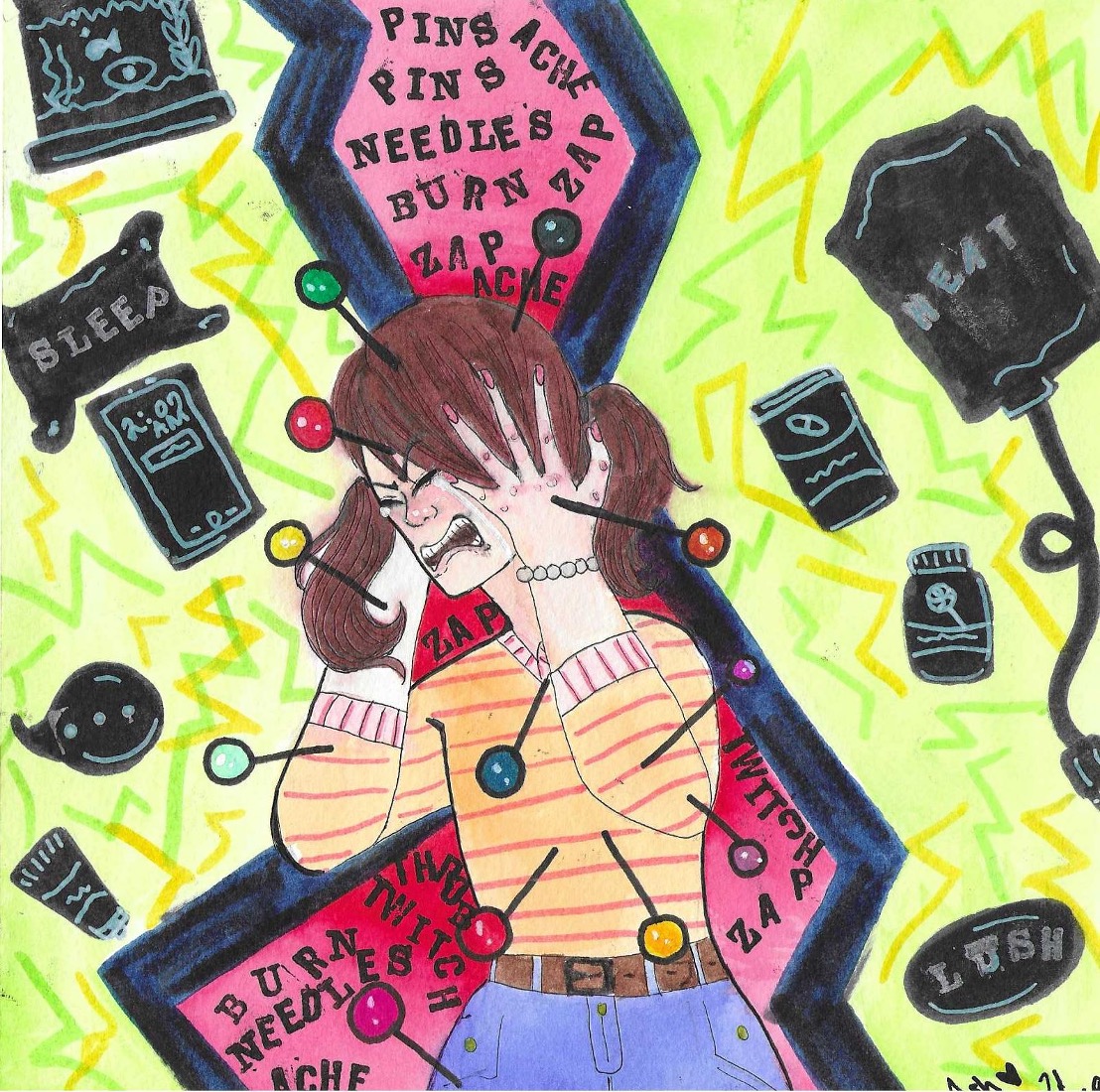 Bright watercolor of a crying girl stuck with multiple pins. The background shows implements for pain management.