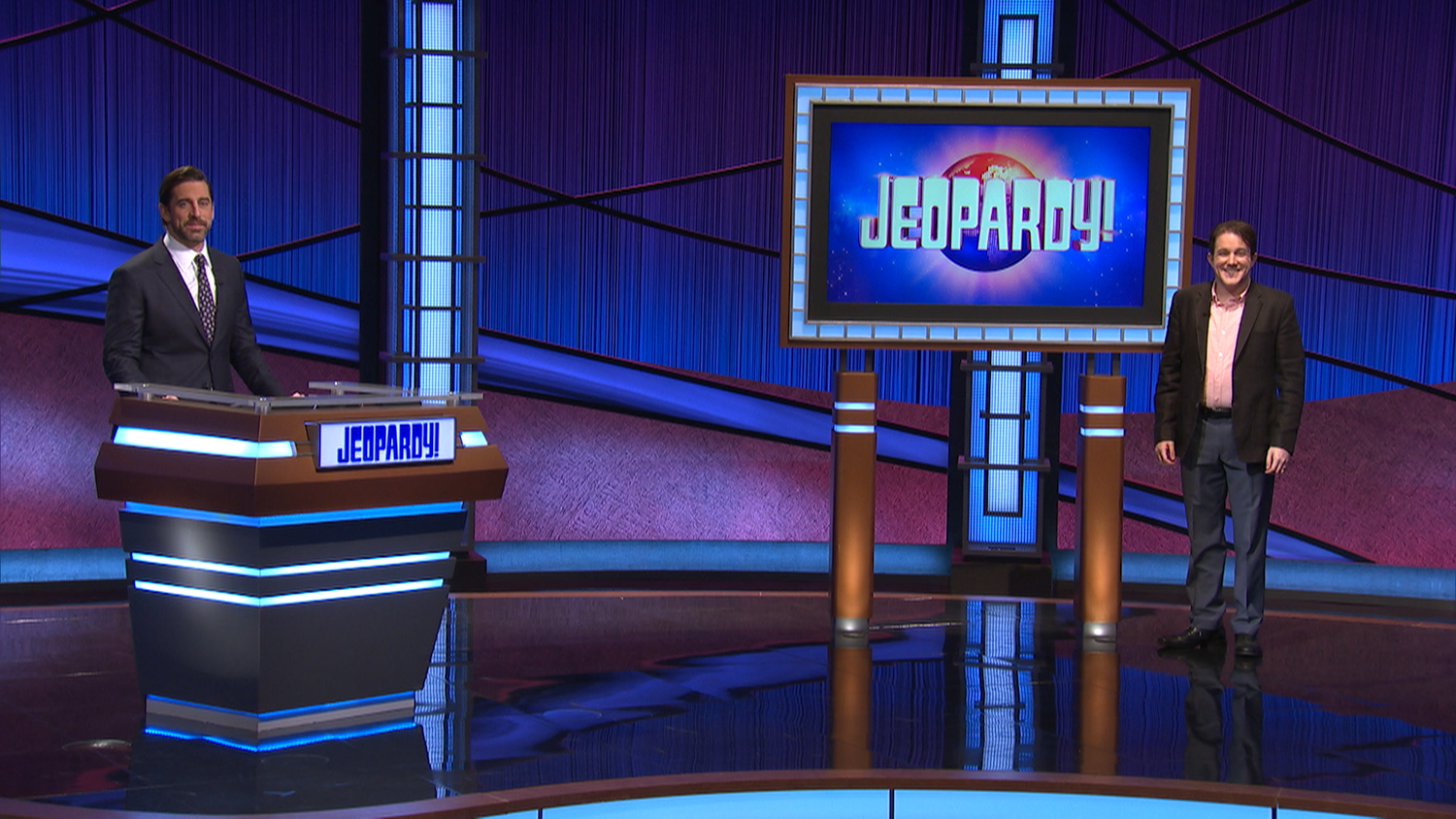Aaron Rogers and Patrick Hume on the Jeopardy! set