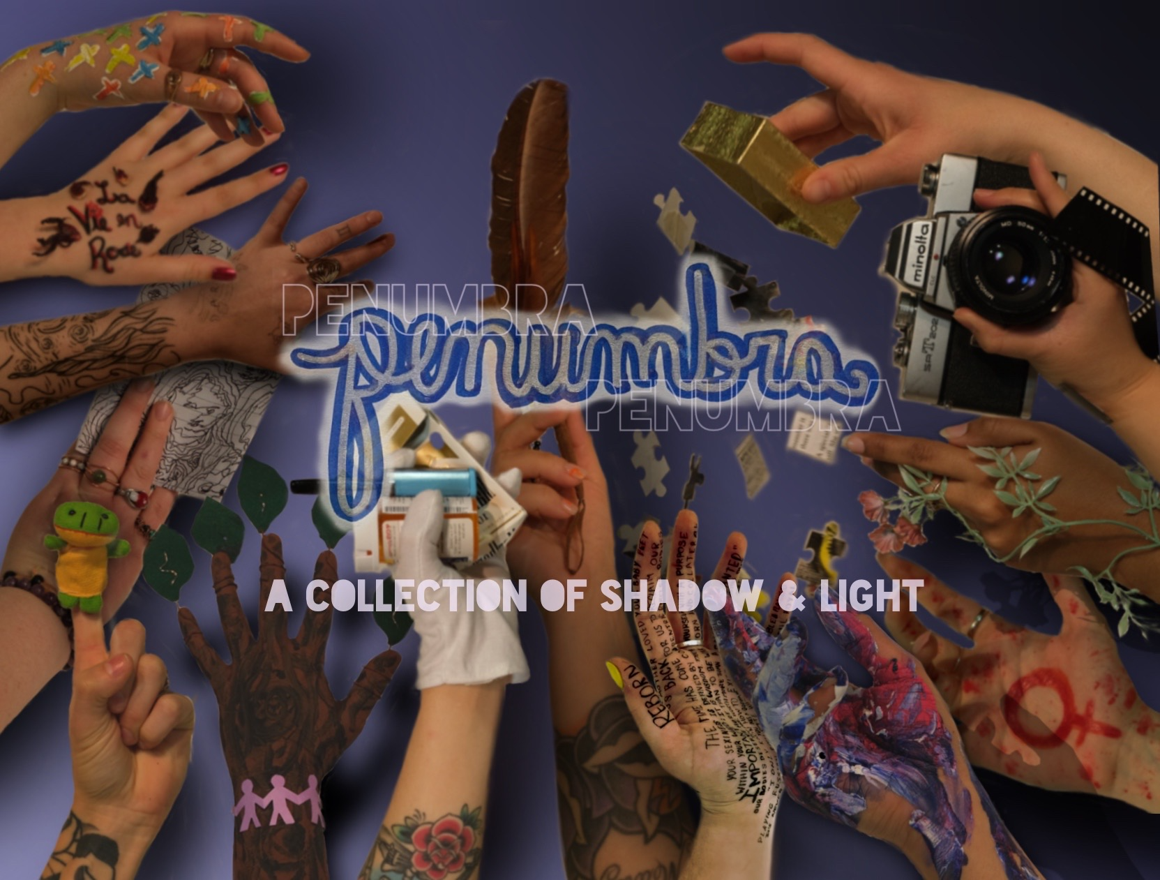 A photo of many hands reaching in to the middle of the photo over a purple background. In the center, the word "penumbra" is written in purple cursive font and outlined in white.