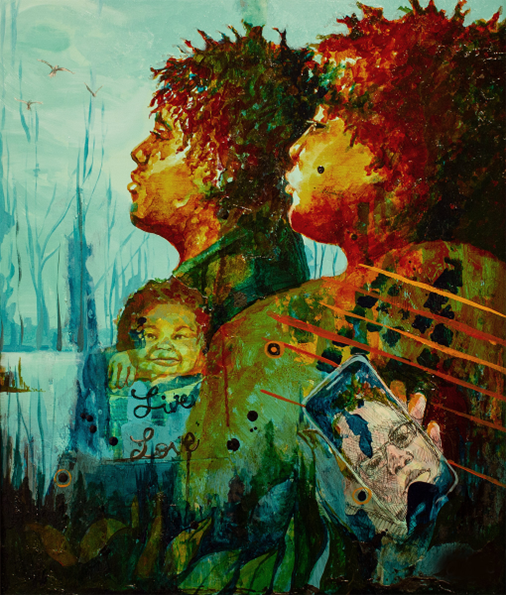 Light blue, teal, and orange collage piece with texture. There are two young men with birds in the background. Script of the words “Live” and “Love” are under a smiling baby’s face. A cell phone shows a young man’s face