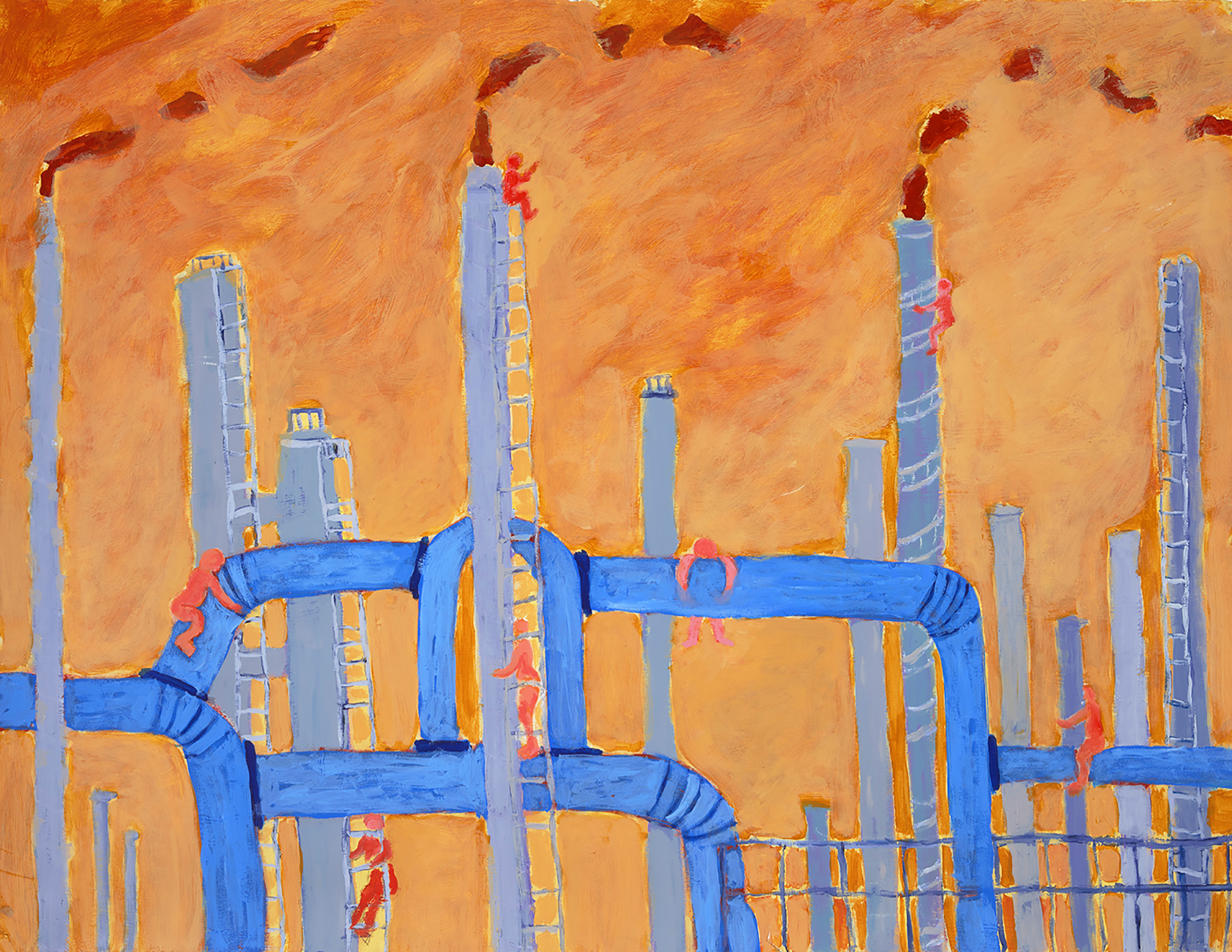 Pollution Playground by Mary Lesser: Painting of connected smoke stacks with a few people climbing on them