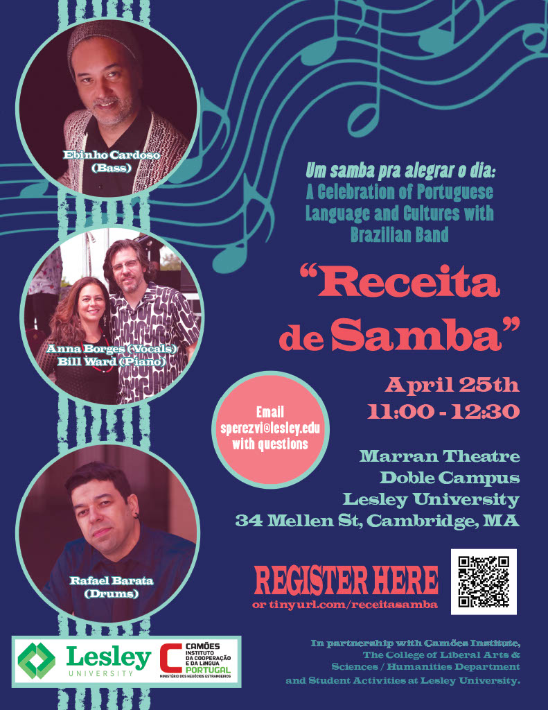 A poster of Receita de Samba with a purple/blue background, and three photos of the band members.