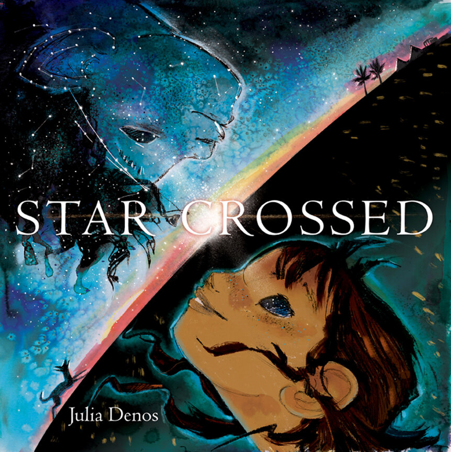 Starcrossed book cover - two children looking at each other, one from space, the other from earth.