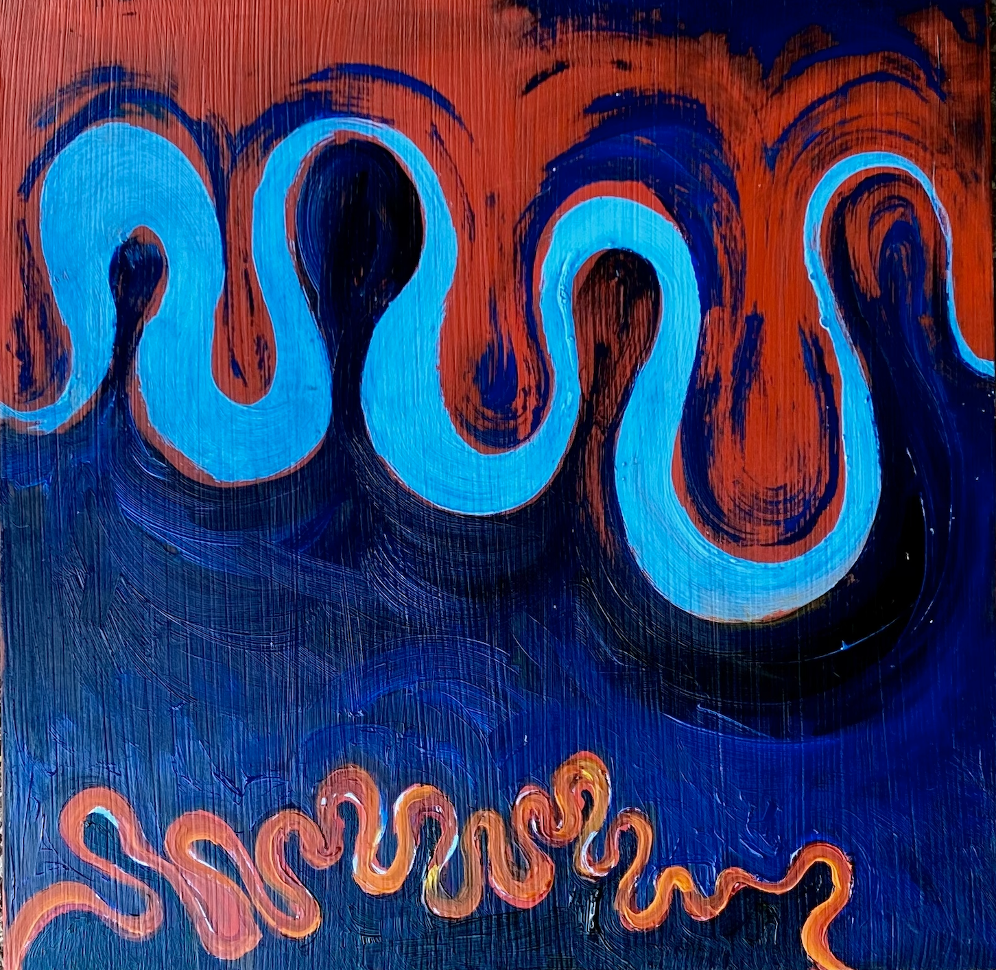 Square oil painting of a deep blue background with a large aqua blue squiggle across the top portion of the painting bridging to a red painted area with bits of the deep blue peeking through. On the bottom of the panel is a smaller orange and red toned squiggled. 