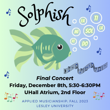 A poster with a left to right gradient of green to blue, which a green cartoon fish in the center and the words "Solphish" written above it.