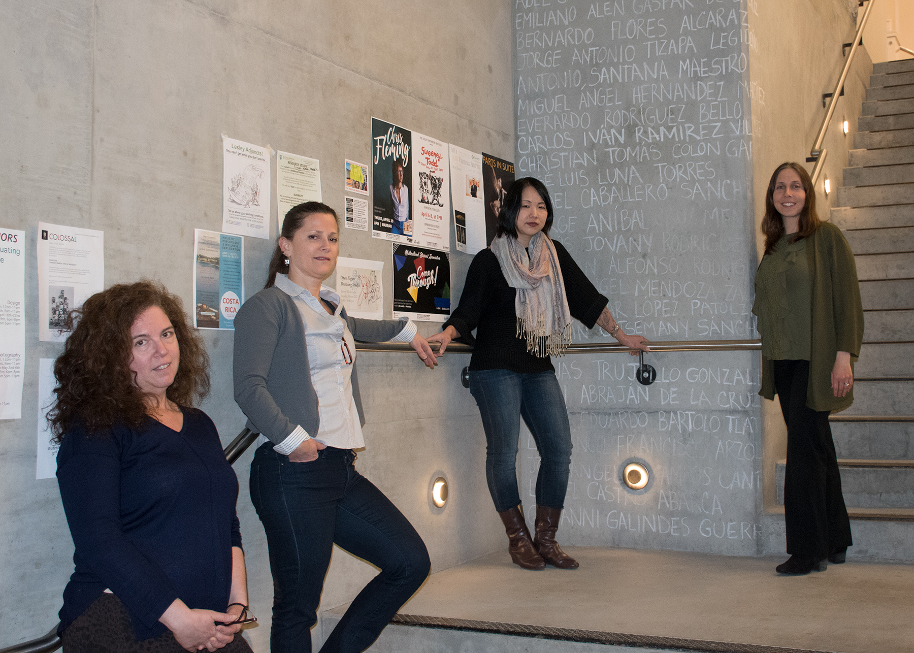 Lesley alumnae Christine Winship, Ruth Rieffanaugh, Heidi Lee and Susan Loomis-Wing gather on the stairs of the Lunder Arts Center.