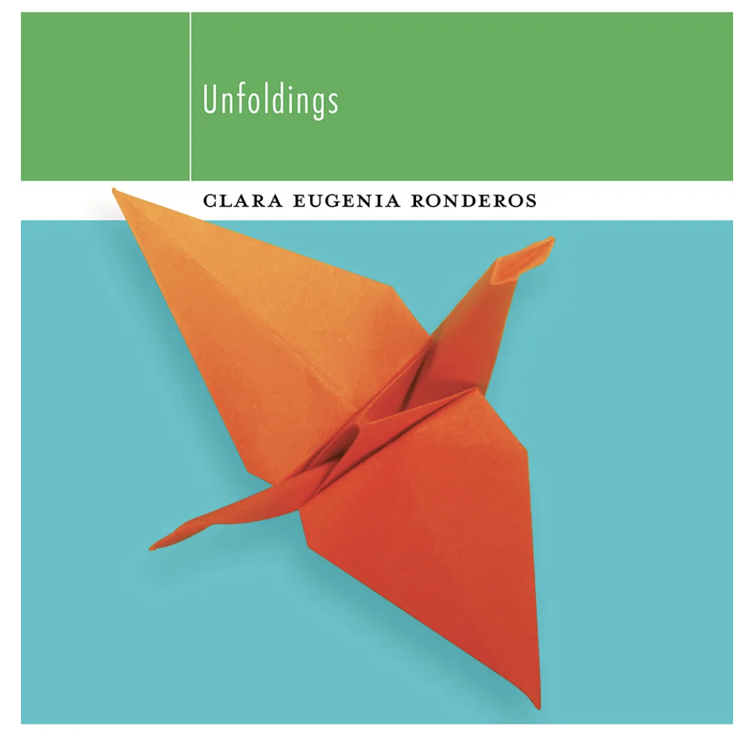 Image of Unfoldings book cover - an orange origami crane against a blue and green background