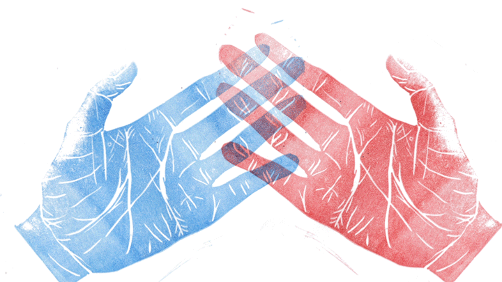 Maya Erdelyi's gif of two hands, one blue and one red.