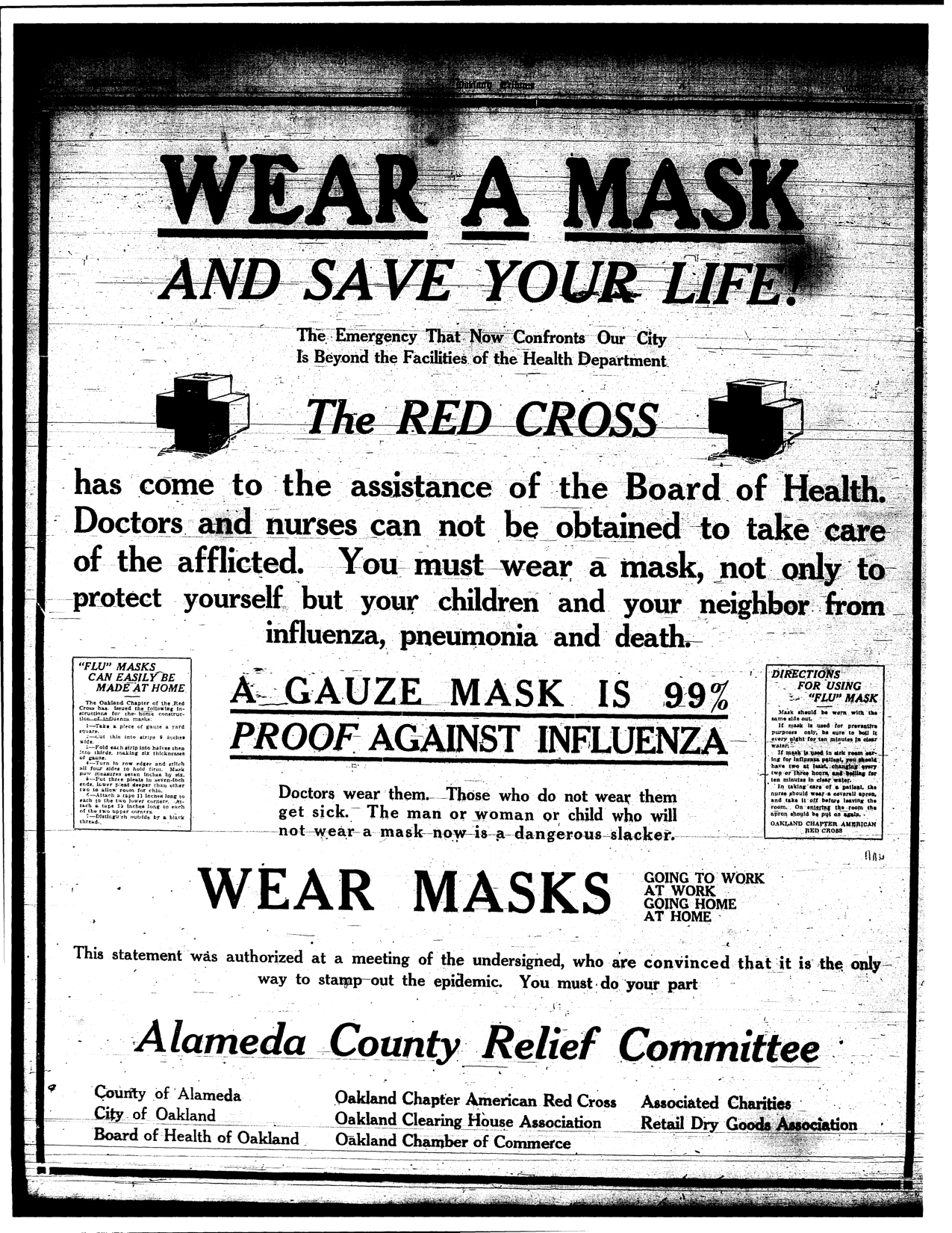 Spanish Flu-era poster from Alameda County, California that says "Wear a Mask and Save Your Life" with other regulations