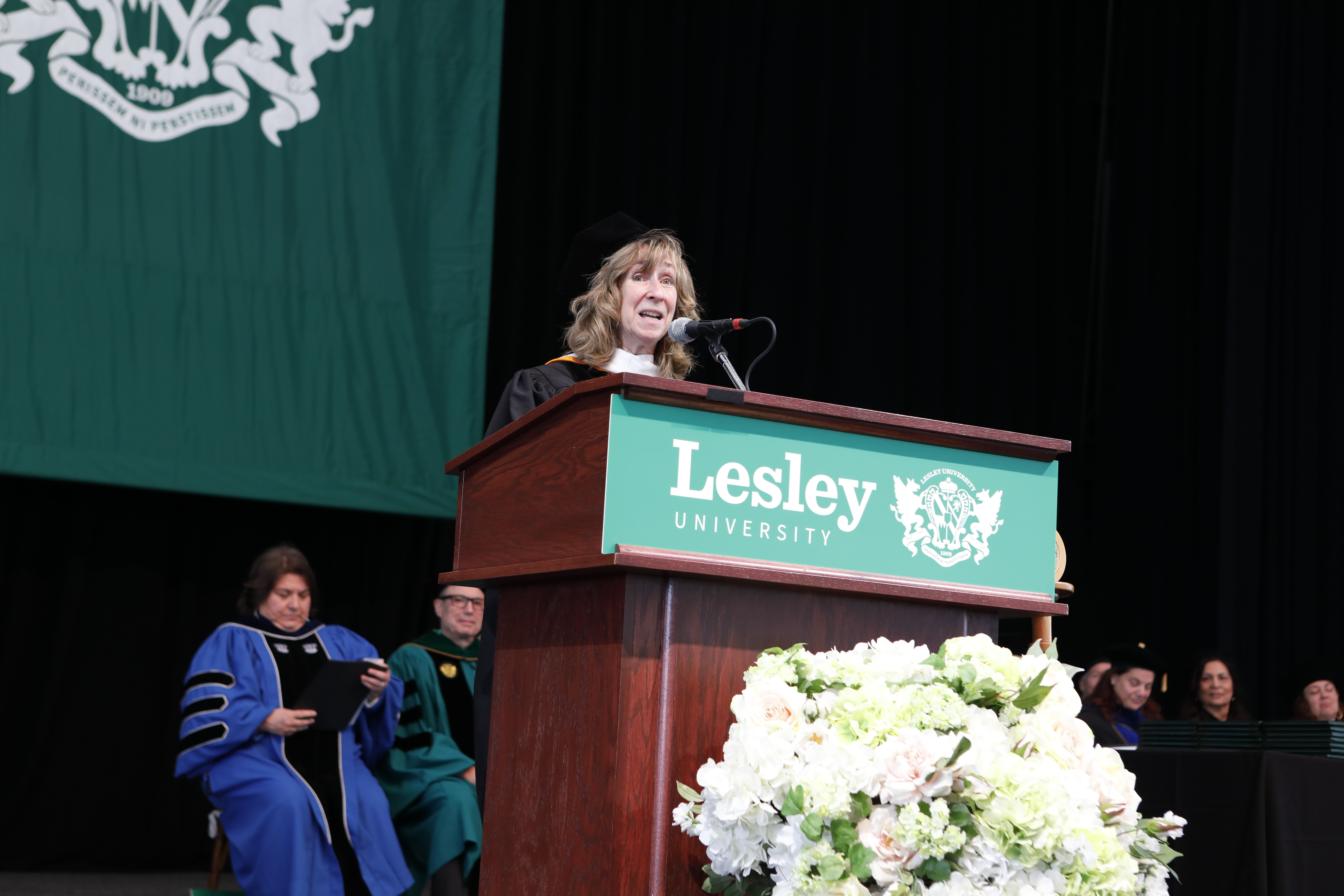 Sy Montgomery speaking to the Lesley graduates at Commencement.