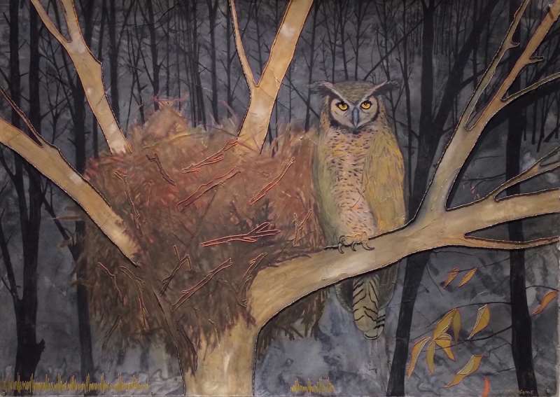 painting of great horned owl in tree