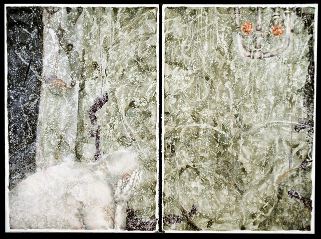 mixed media on paper, showing faint likeness of a man hunched over holding his head