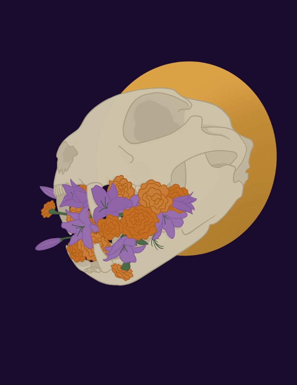 design of a skull with flowers in its mouth