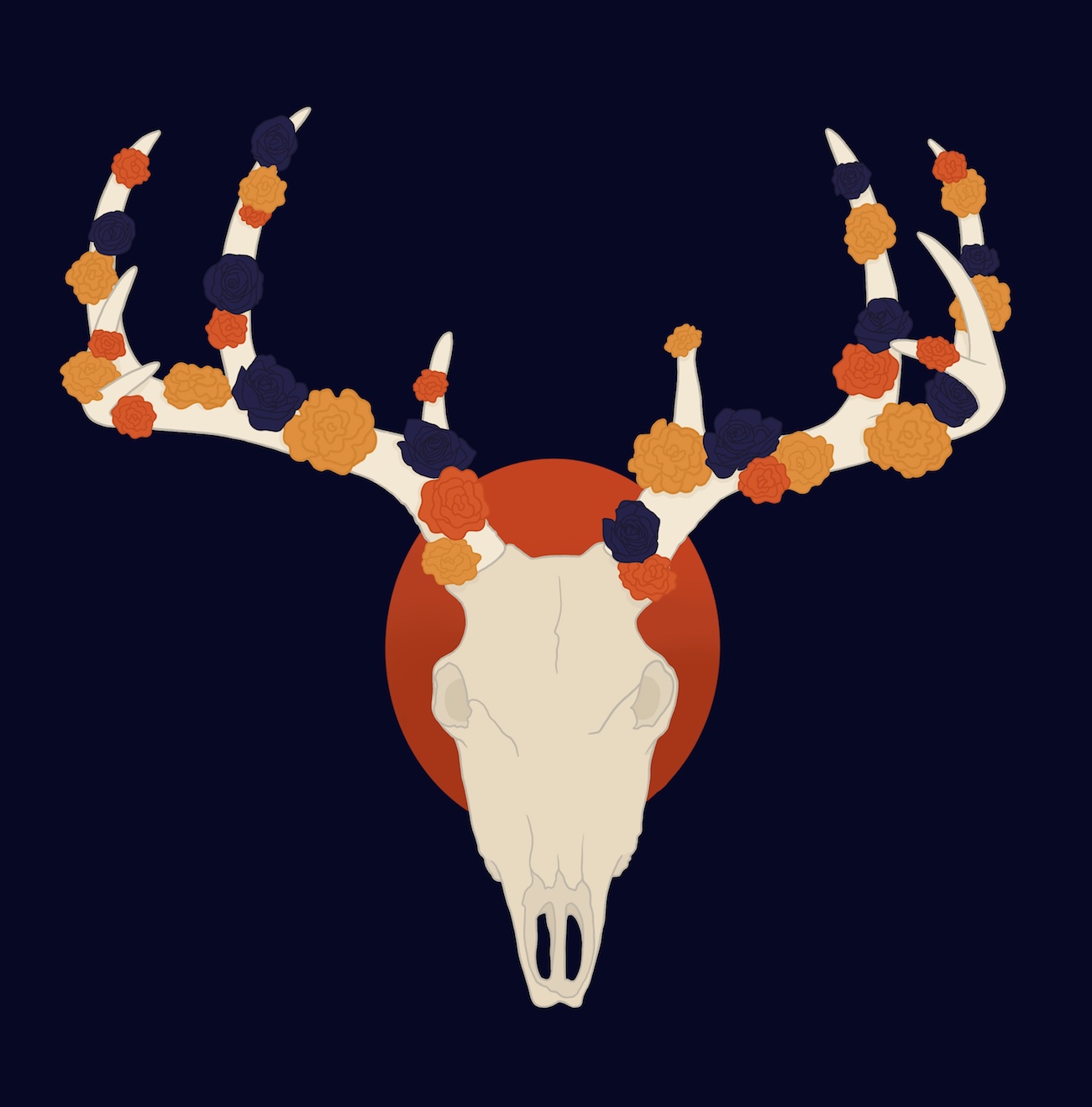 design of an animal skull against a dark blue background with flowers in its antlers