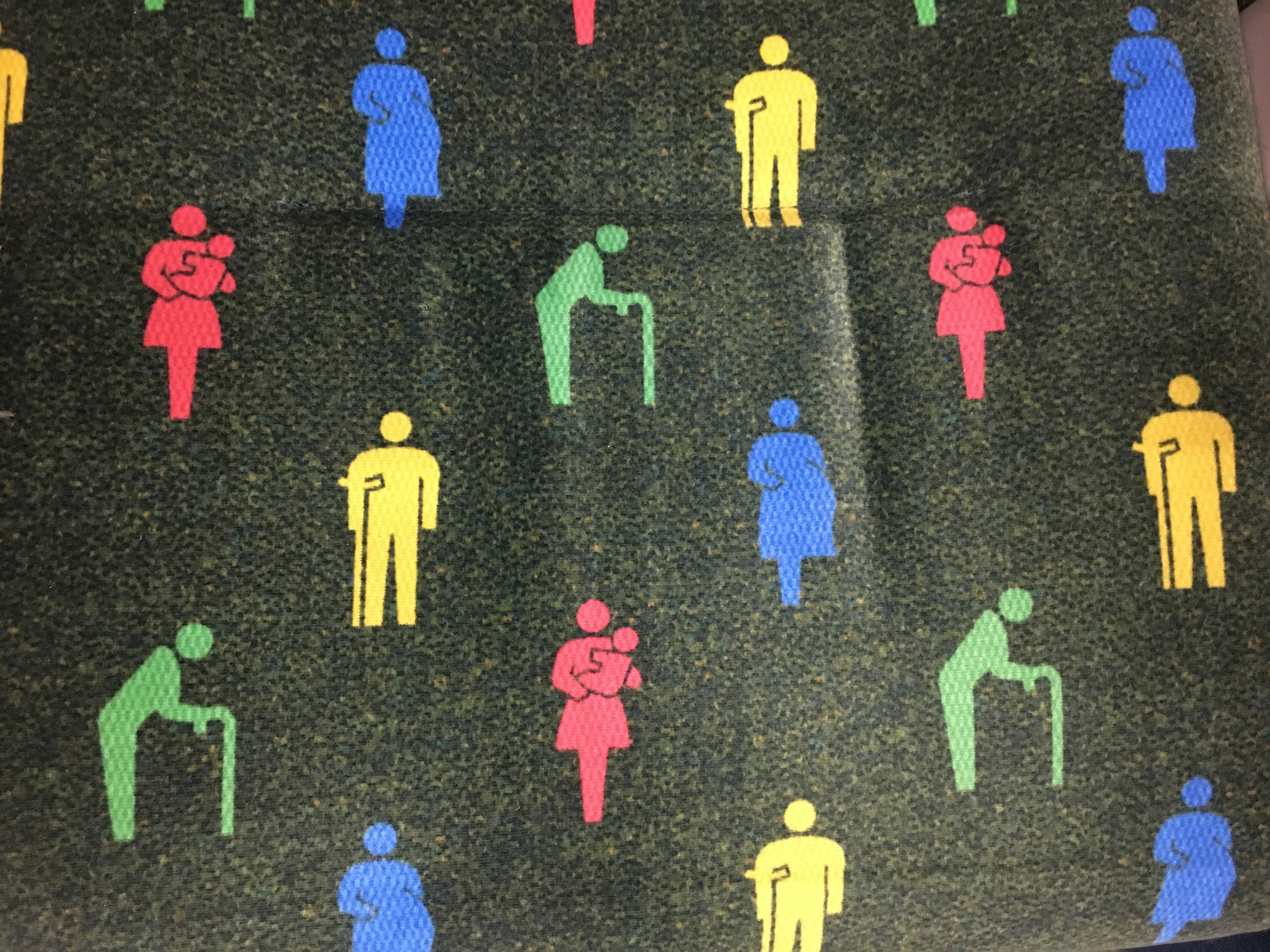 People with disabilities and needs are featured on this print: person with a cane, mother with baby, person with crutch, pregnant woman.