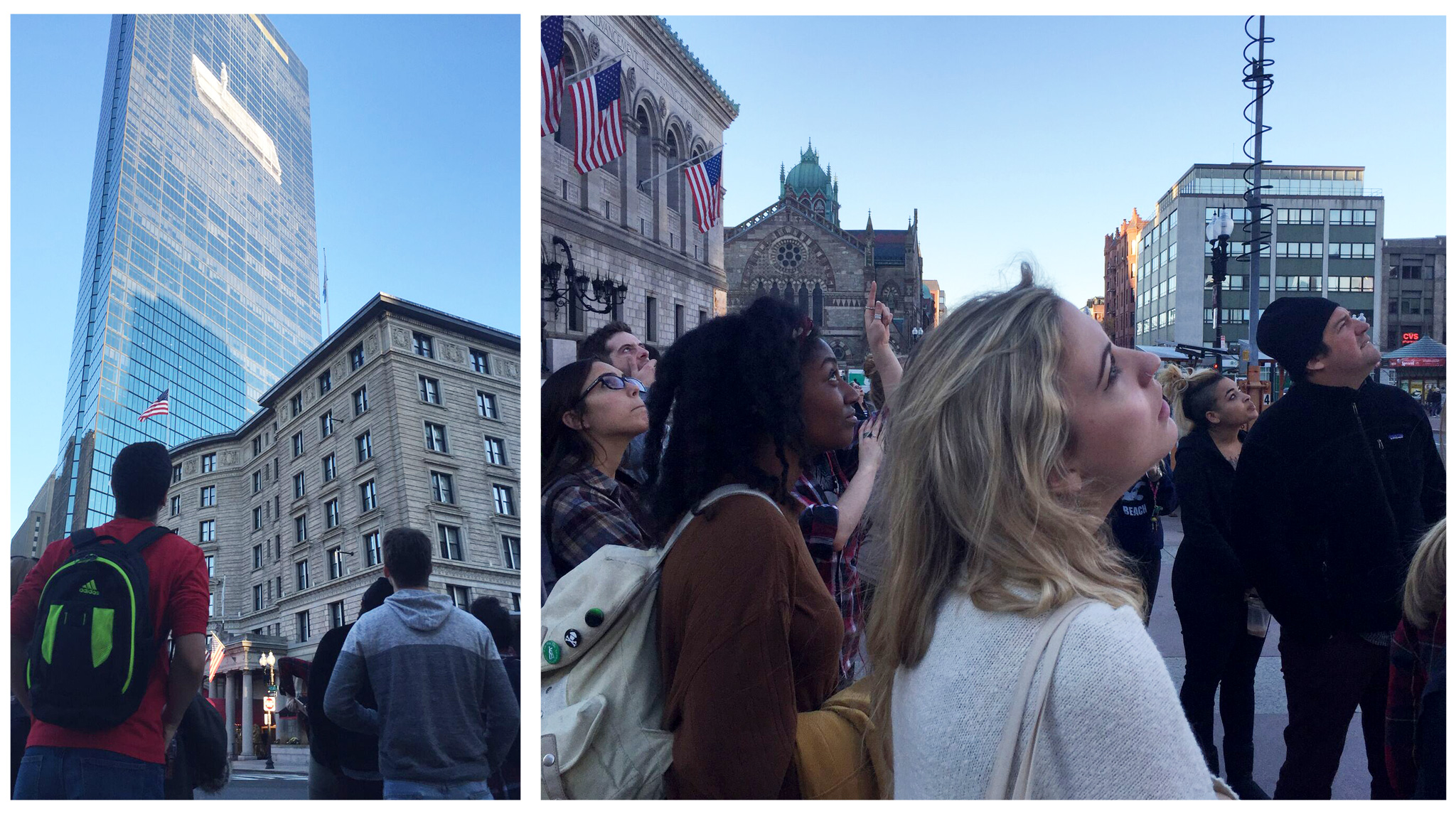students looking up at the sky at floating man jr
