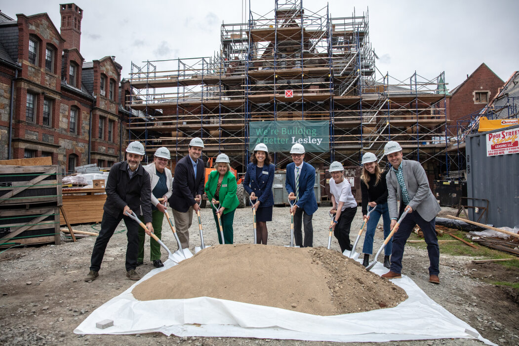 People at ceremonial groundbreaking at reed and burnham hall