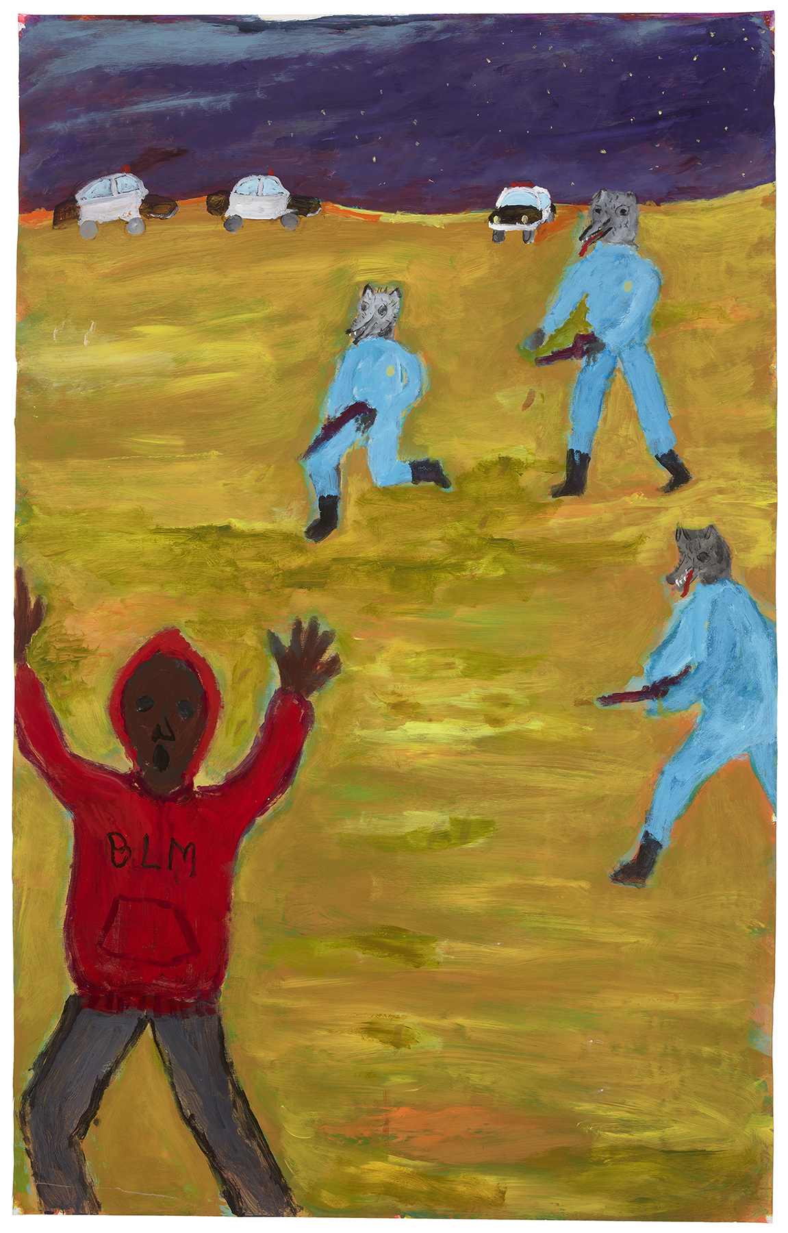 "Hands Up Don't Shoot" by Mary Lesser - painting of a black man in a hoodie holding his hands up with three wolves pointing guns at him.