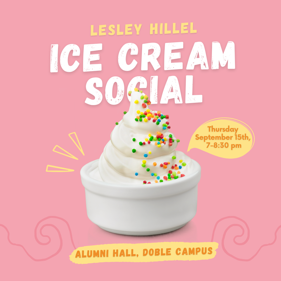 Ice cream social poster with pink background and soft serve ice cream in the foreground.