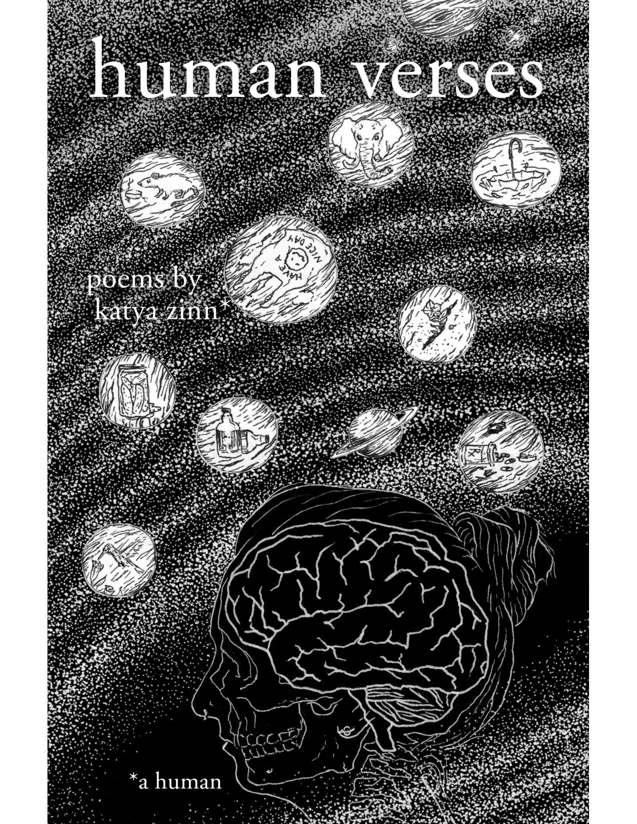 Black and white book cover of "human verses" drawing of a woman's head with brain and universe in background