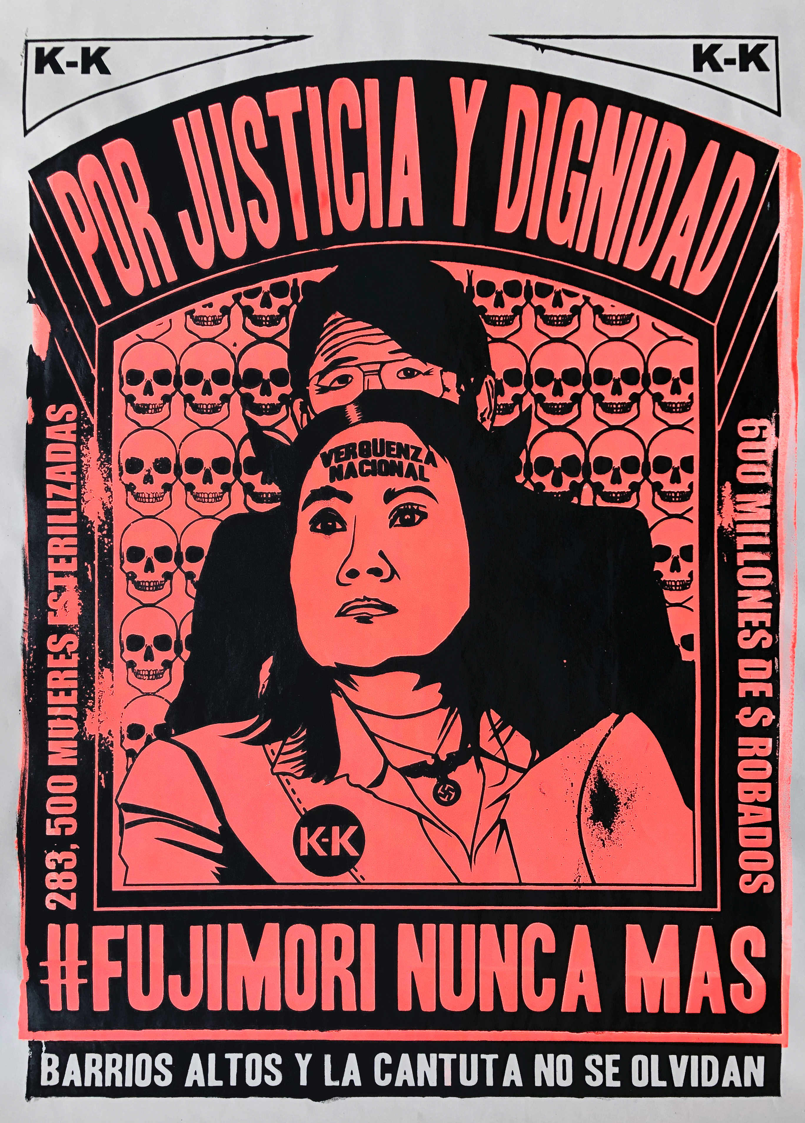 screenprinted poster with bright pink and black illustration of man and woman looking off in the distance in front of rows of skulls under block letters