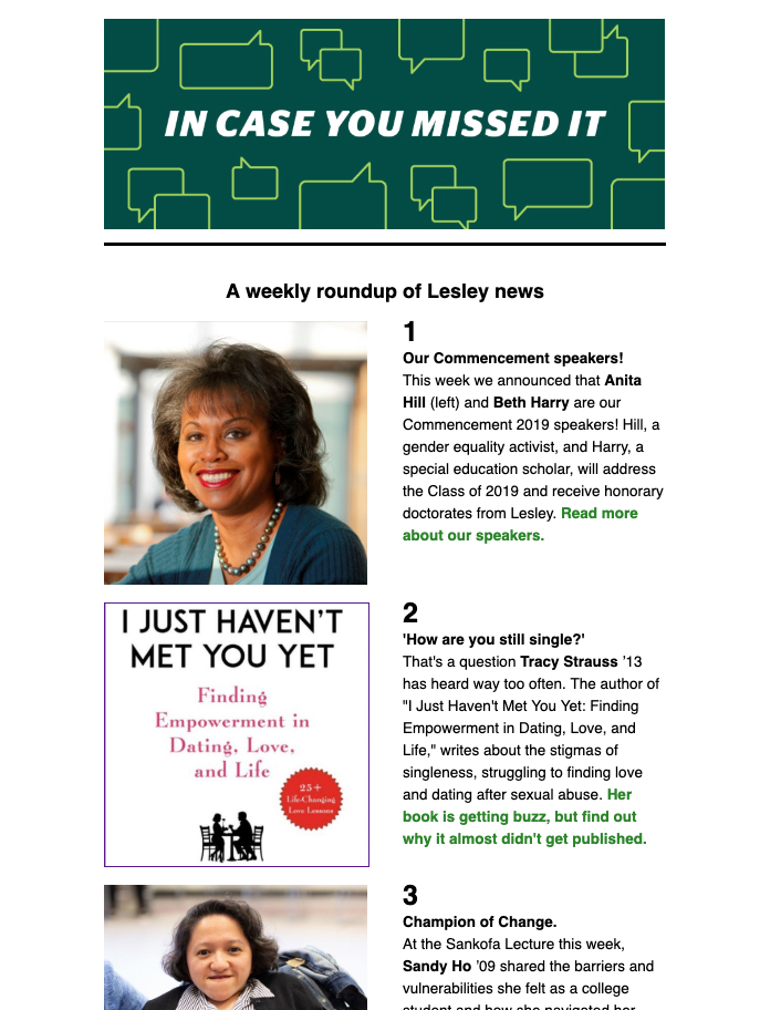 And image of the ICYMI campus newsletter which has photos of Anita Hill and Sandy Ho, plus a book cover by alumna Tracey Strauss