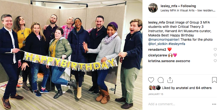 Lesley MFA in Visual Arts instagram account with a photograph featuring a birthday party