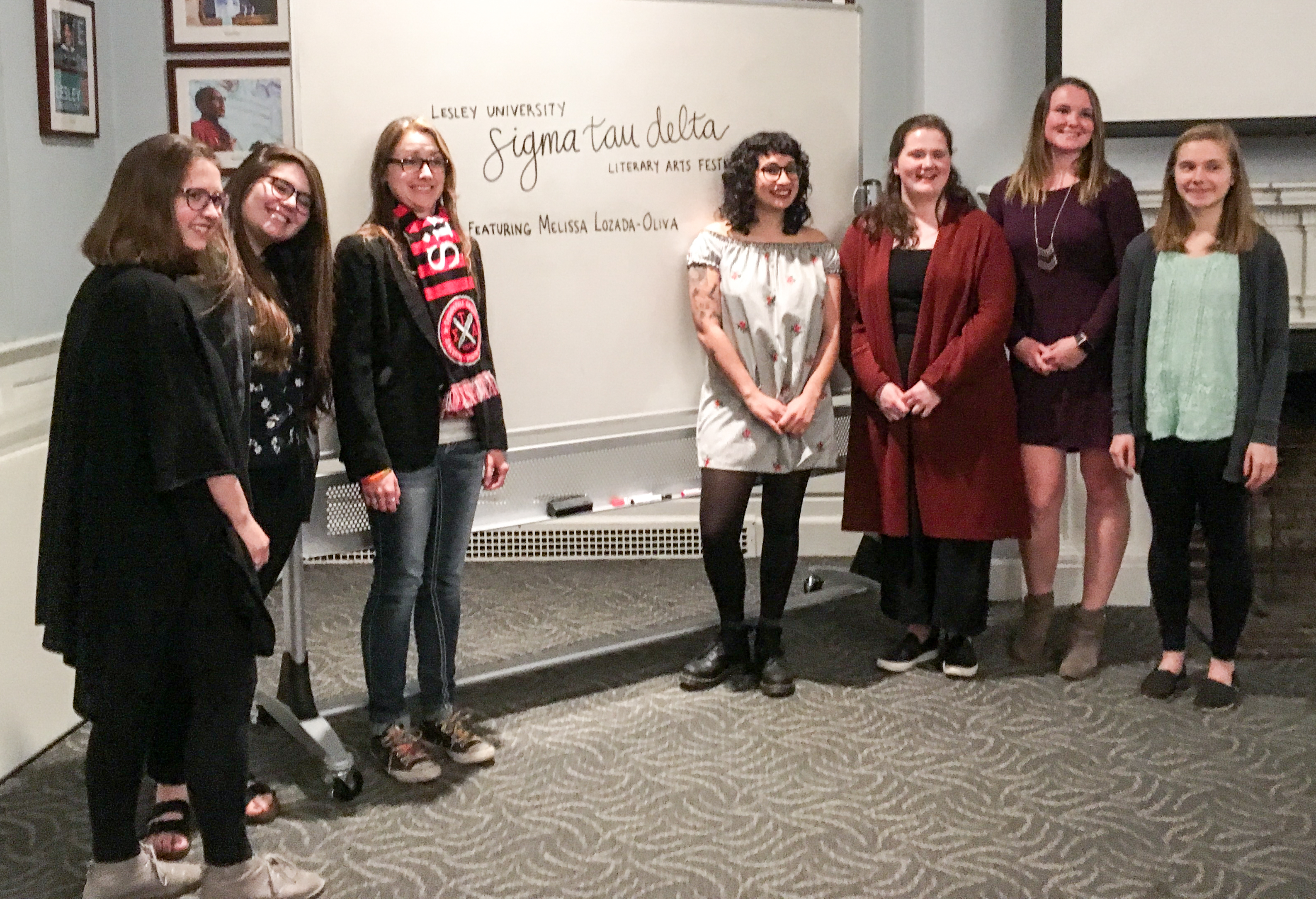 Members of our Sigma Tau Delta English honors society take a photo with Literary Arts Festival special guest, poet Melissa Lozada-Oliva. From left, Maya Grubner, Cheyenne MacDonald (chapter president), Gwendolyn Squires, Melissa Lozada-Oliva, Lizzie Davis, Megan Breslow and Olivia MacDonald.