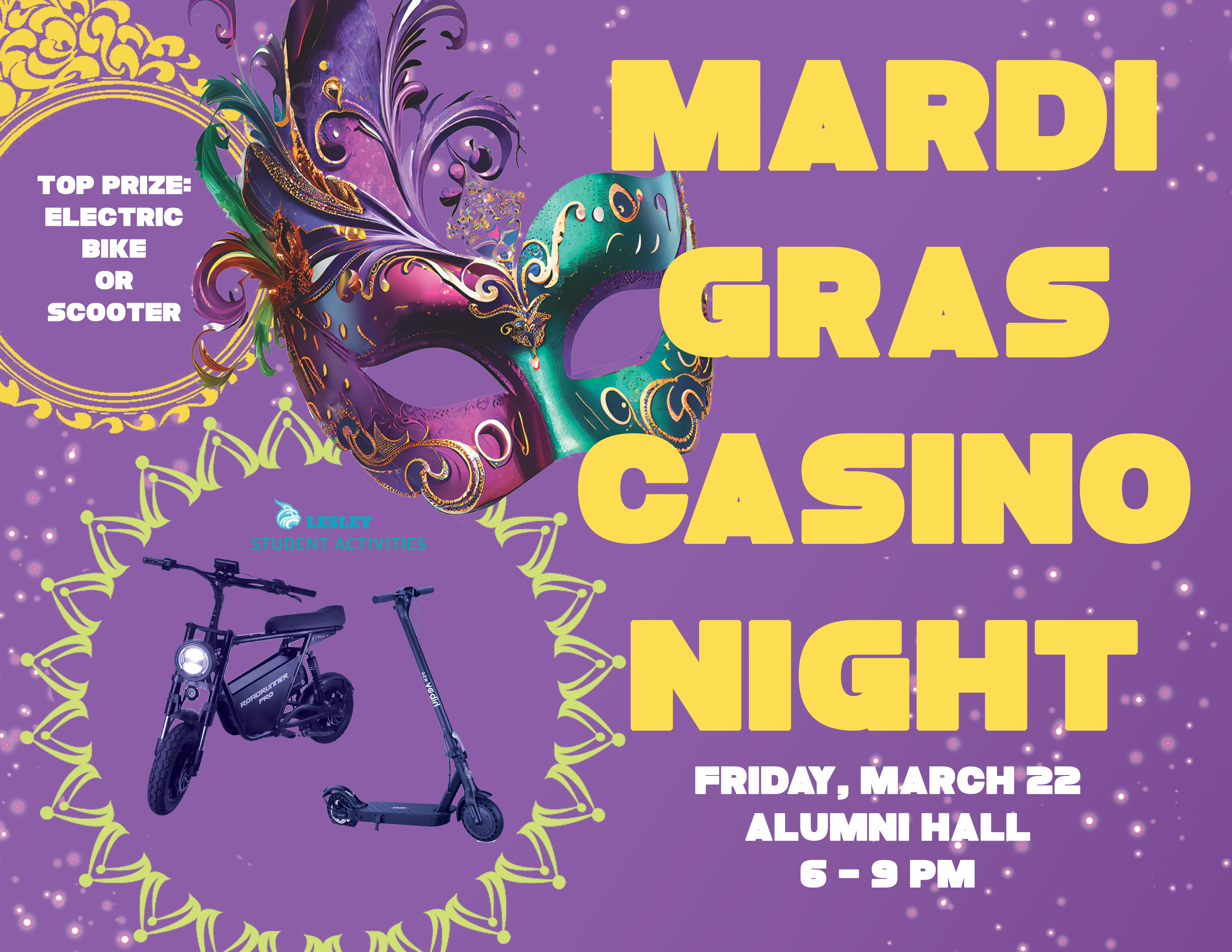 Mardi Gras Casino Night Poster with a green and purple mardi gras mask. 