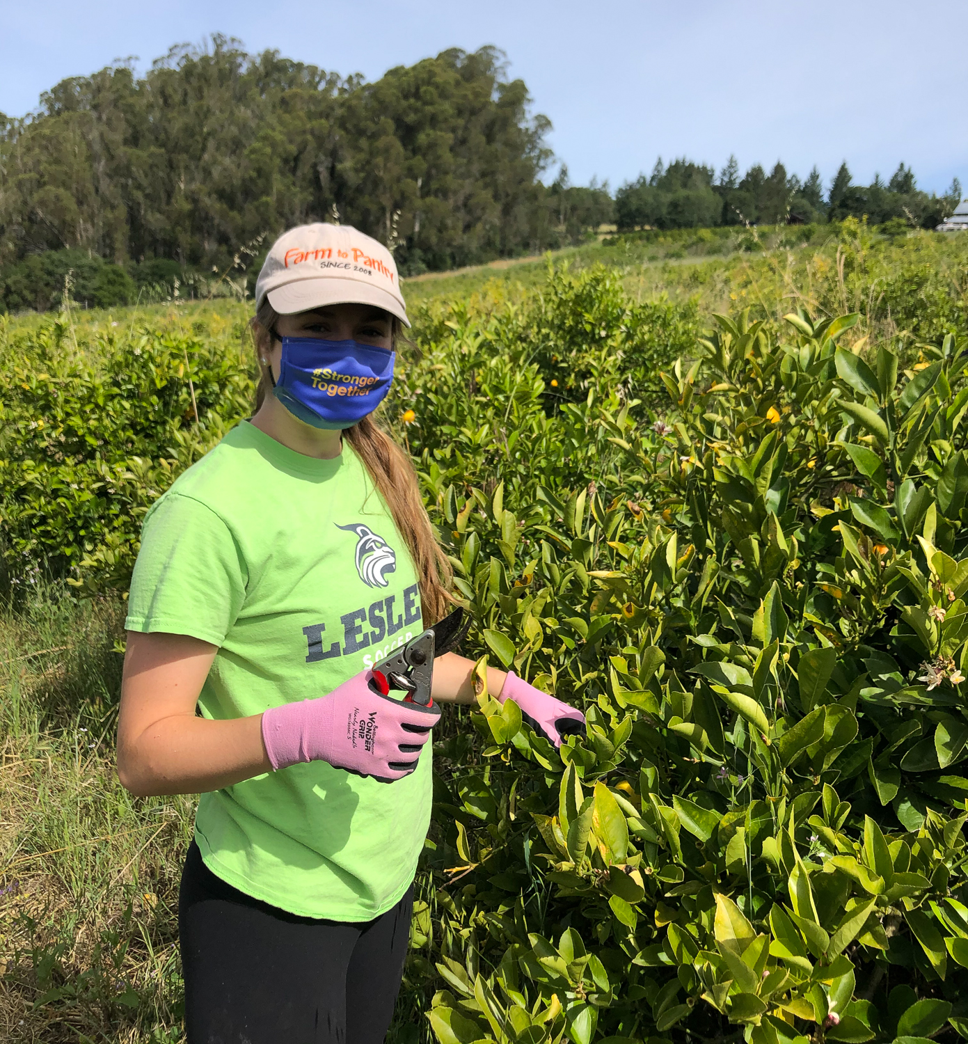 Melanie Mathewson with a mask on and holding shears in a field.