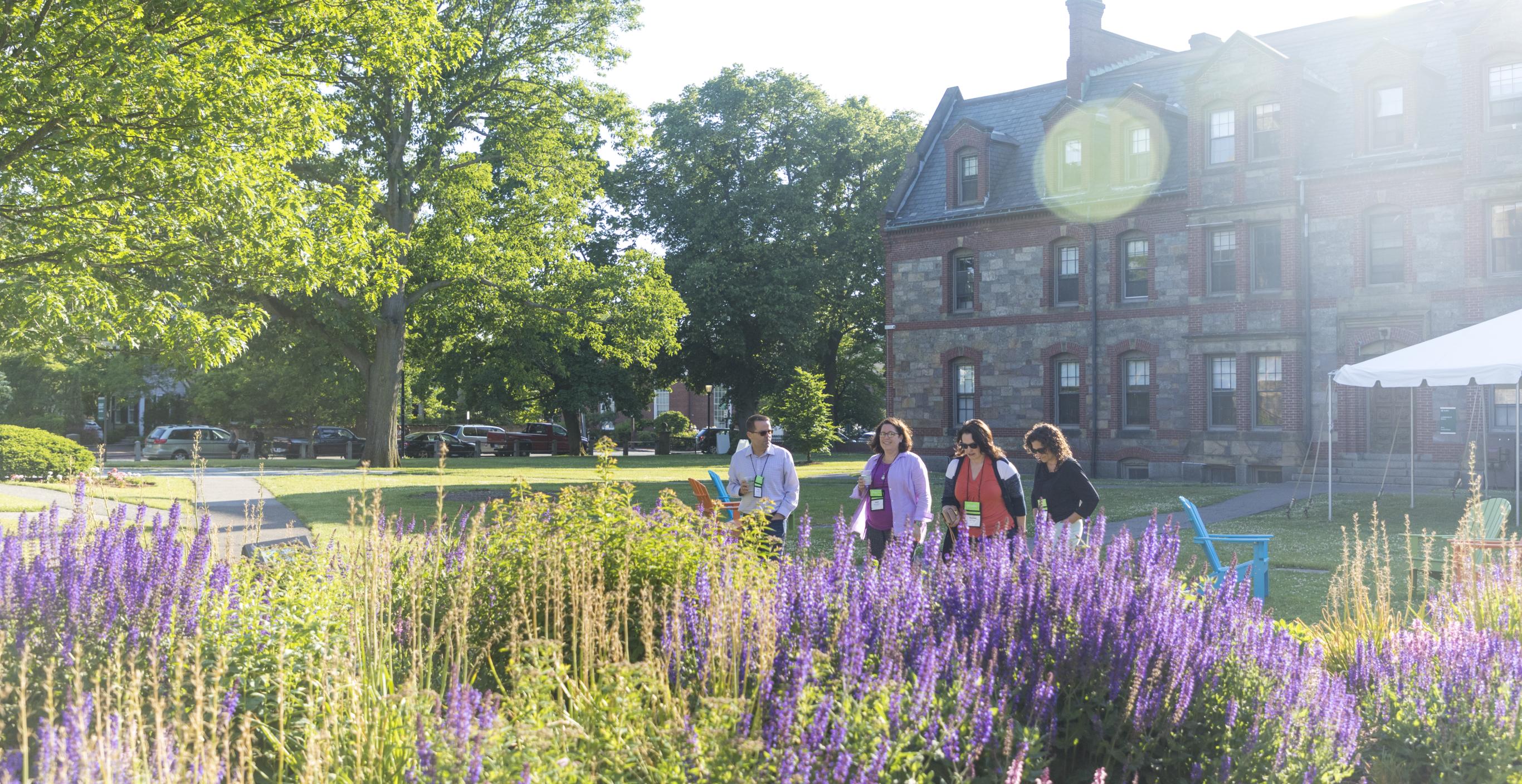 Three people outside on South Campus with purple flowers in the foreground. 