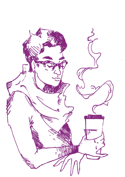 illustration of person holding cup of coffee wearing a scarf and cat-eye glasses