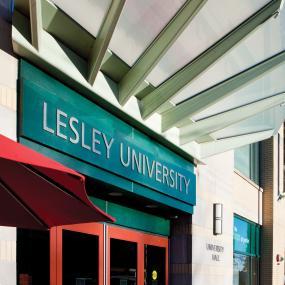 lesley university hall building entrance sign