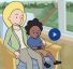 illustration of woman sitting in chair next to child with IV in their arm