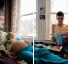 pregnant woman lying on bed with dog while her boyfriend reads a magazine called Baby Talk