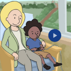 illustration of woman sitting in chair next to child with IV in their arm