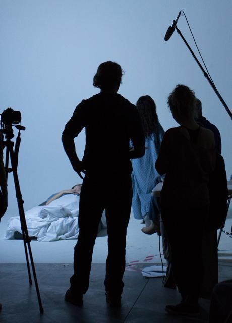 film students shoot a scene in class