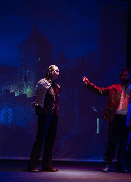 2 actors playing MacDuff and Macbeth on stage in Marran Theater during a dress rehearsal.