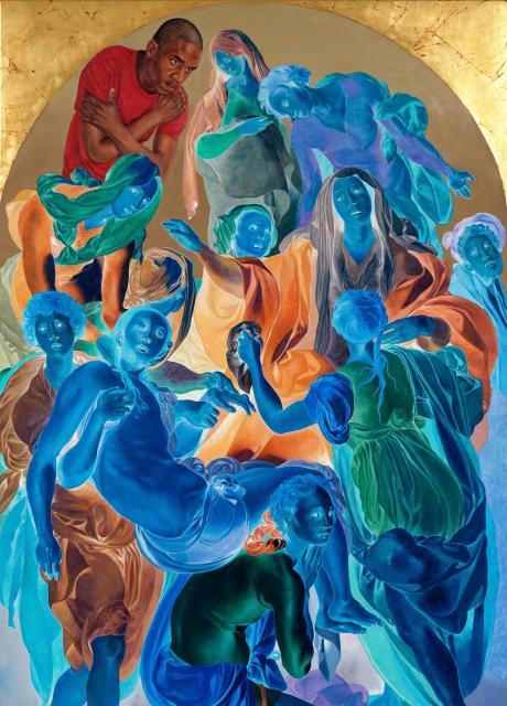 A tangle of neon classical figues in various poses. One black man in the top left corner bends down above the figures with his arms crossed over his chest. 