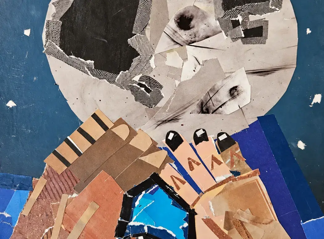 Collage art depicting two hands reaching for a moon on a blue background