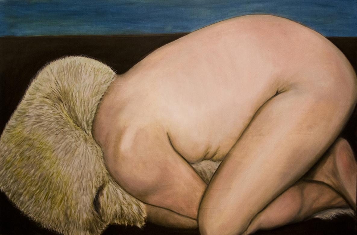 painting of person crouching down naked on floor with fur coat wrapped around head